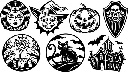 Traditional American Tattoo Halloween Flash Sheet - Vintage Skull, Pumpkin, Witch & Ghost - Bold Black & Red Line Art.