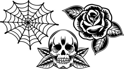Traditional American Tattoo Halloween Flash Sheet - Vintage Skull, Pumpkin, Witch & Ghost - Bold Black & Red Line Art.