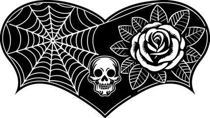 Traditional American Tattoo Halloween Flash Sheet - Vintage Skull, Pumpkin, Witch & Ghost - Bold Black & Red Line Art.