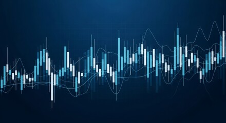 A dynamic financial chart displays market trends with candlestick patterns and moving averages against a dark blue background