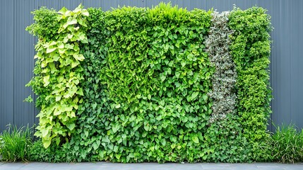 Vibrant green vertical garden against a gray wall.