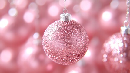 Pink glitter christmas ornaments in soft focus.