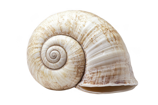 Detailed close up of a textured natural snail shell with a prominent spiral pattern isolated on transparent background