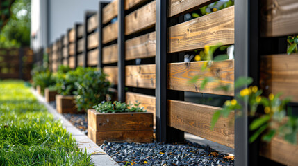 Wooden fence with black posts and greenery, featuring small planter boxes and dark gravel.