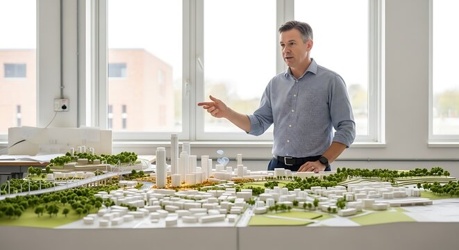 A man presents a detailed model of a city, highlighting architectural design elements. - Powered by Adobe