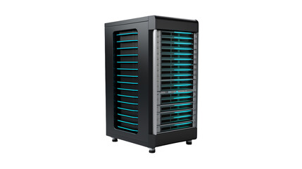 Modern server rack with blue lights on transparent background