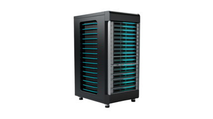 Modern server rack with blue lights on transparent background