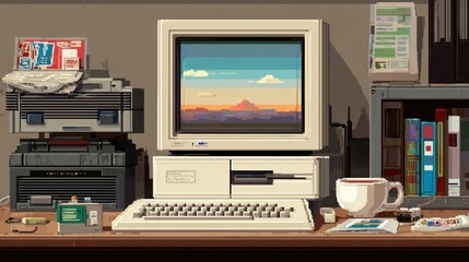 Pixelated retro computer setup