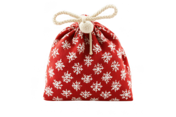 Festive red knitted drawstring bag with white snowflake pattern and rope tie isolated on transparent background
