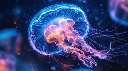 A glowing blue and purple jellyfish floats gracefully underwater, its translucent bell and tentacles illuminated against a dark, blurred background.