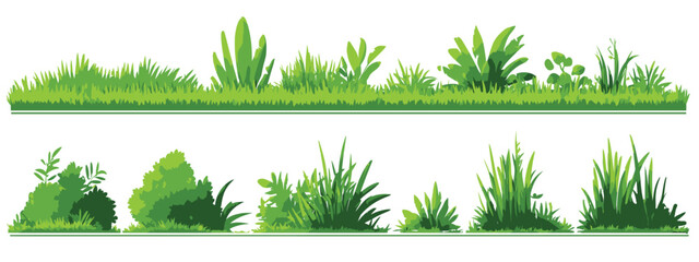 Vector grass landscape elements set, a flat green meadow field outline, and cartoon ground plant silhouettes isolated on a white background, vector illustration