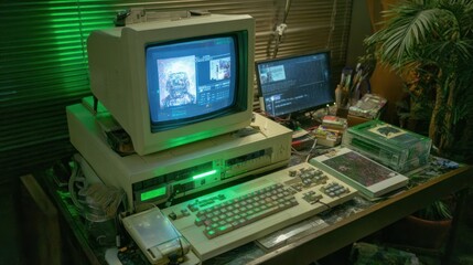 Retro computer setup in a dimly lit room