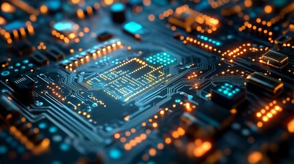 Obraz premium Illuminated CPU glowing on circuit board, tech background, digital future