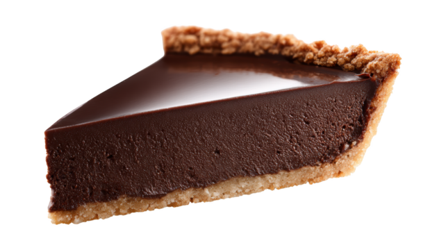Decadent Slice of Dark Chocolate Tart with Crumb Crust isolated On Transparent Png Background.