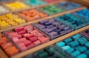 Multicolored pastel crayons organized in wooden cells. Assorted chalk sticks in various shades of red, orange, yellow, green, blue, purple offer diverse color choices for artistic creation. Art