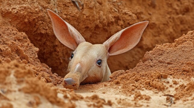 A young aardvark peeking out of a sand burrow