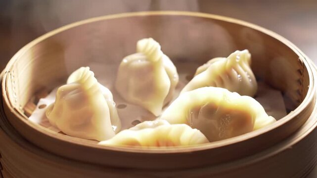 Steaming dumplings in a bamboo steamer with a partially open lid
