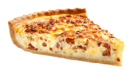 Slice of Savory Quiche with Crispy Crust isolated On Transparent Png Background.