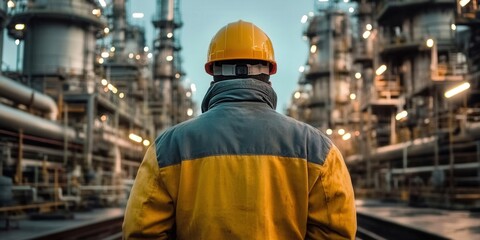 A worker at an industrial facility wearing a yellow helmet and safety gear.