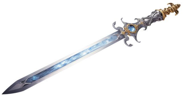 Ornate sword fantasy weapon with gem and light in the blade