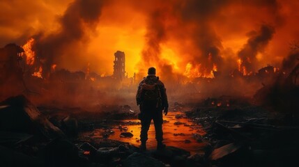 A lone figure surveys a burning, war-torn city engulfed in flames and smoke.