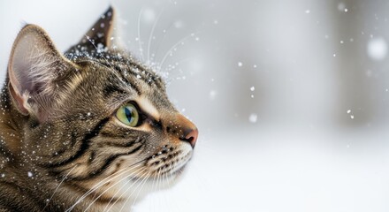 Curious Tabby Cat Watching Falling Winter Snowflakes