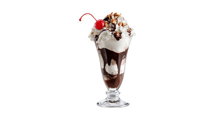 Delicious Ice Cream Sundae with Chocolate Sauce, Nuts and Cherry isolated On Transparent Png Background.