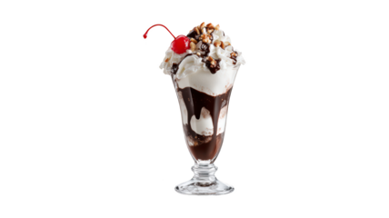 Delicious Ice Cream Sundae with Chocolate Sauce, Nuts and Cherry isolated On Transparent Png Background.