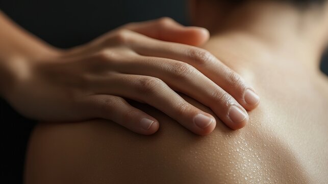 Close-up of a hand gently resting on a bare back, highlighting skin texture and soft natural lighting.