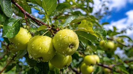 Obraz premium Close-up view of fresh, wet apples on a branch.