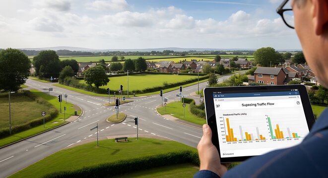 A person analyzes traffic flow data on a tablet at a rural roundabout, overlooking a village and fields.
