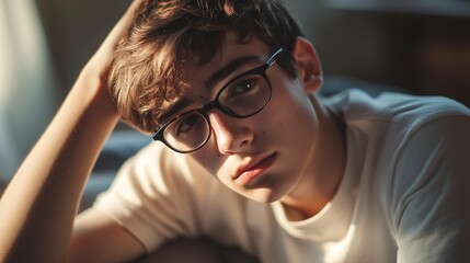 A young man with glasses rests his head on his hand, gazing thoughtfully into the distance with soft natural light illuminating his face.