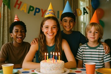 Children smiling around a birthday cake with party decorations. Great for family, kids' birthday, and event promotion. Perfect for children’s content, birthday ads, or festive greeting cards.
