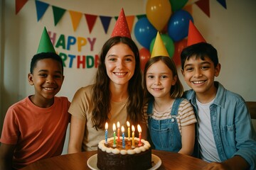 Kids at a joyful birthday celebration with candles and balloons. Ideal for birthday promotions, children’s party ads, and family content. Perfect for festive campaigns and party invitations.
