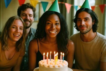 Joyful friends birthday celebration with smiles and a decorated cake. Ideal for family marketing, birthday ads, or celebratory campaigns. Great for invitations or family-focused content.

