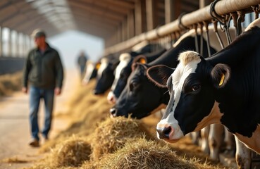 Cows in barn eating hay. Black and white Holstein cattle on dairy farm. Farmer walks in background. Focus on livestock feeding, milk production, agriculture. Rural countryside scene, domestic mammals.