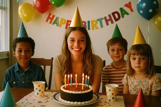 Children celebrating a birthday with cake and party hats. Ideal for birthday, family, or children’s content. Great for kids' party marketing, event invitations, or family-friendly promotions.
