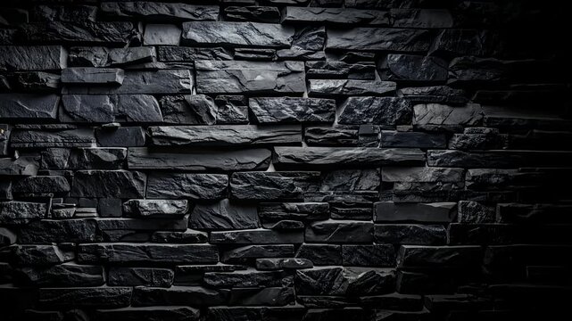 Dark textured brick wall, composed of irregular, monochrome stones