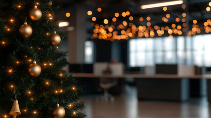 Festive office celebration with decorated tree and warm lights. A touch of holiday cheer in the workspace.