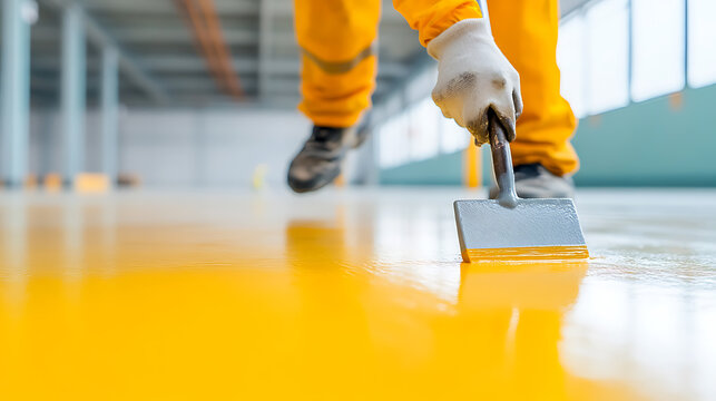 Craftsman applying epoxy: Bright yellow epoxy is being applied to a gray floor surface using a squeegee tool, improving and protecting the foundation.