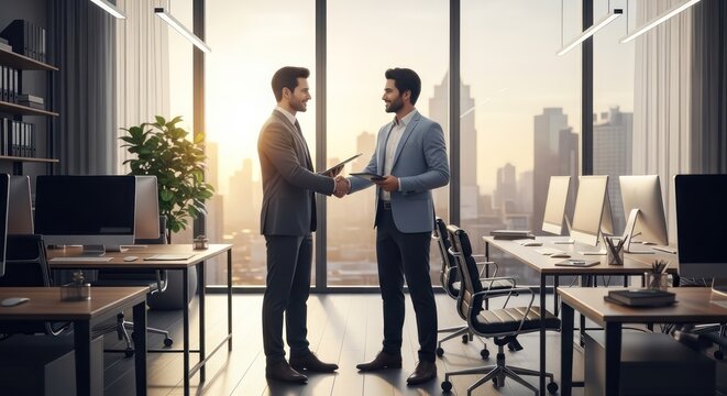 Two businessmen in suits shaking hands in a modern office with large windows overlooking a cityscape at sunset. - Powered by Adobe