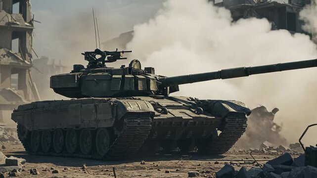 Tank in a war-torn cityscape