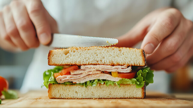 Close-up of a person making a sandwich. They are putting the top slice of bread on the sandwich using a knife to spread the mustard on it.