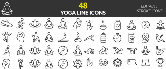 Collection of Yoga Line Icons for Wellness and Fitness Activities, Depicting Various Poses and Meditative Practices