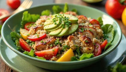 Colorful bowl of quinoa salad with grilled chicken, avocado, tomatoes, lettuce. Nutritious, wholesome dish offers balanced mix of protein, fiber for delicious healthy meal. Perfect for lunch dinner.