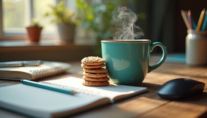 Home office desk with steaming mug of hot coffee, stack of cookies, open notebook, pencil, computer mouse. Peaceful workspace setup for break time. Natural light streams across wooden table, creating