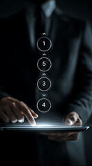 Person interacting with digital interface showing numbered steps technology interaction