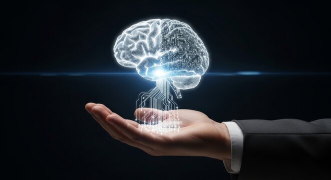 A luminous digital brain with circuits is held in a hand, representing artificial intelligence