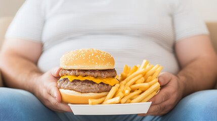 A person sitting with a double cheeseburger and french fries. Close-up of the meal. Possibly unhealthy eating choices or indulging in comfort food at home on the couch.