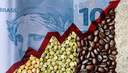 Grains of corn, peas, rice and coffee with Brazilian currency (100 Reais) with the market stock...
